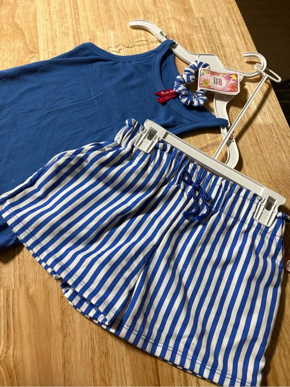 Blue Ribbed Tank with Blue & White Striped Shorts Set
